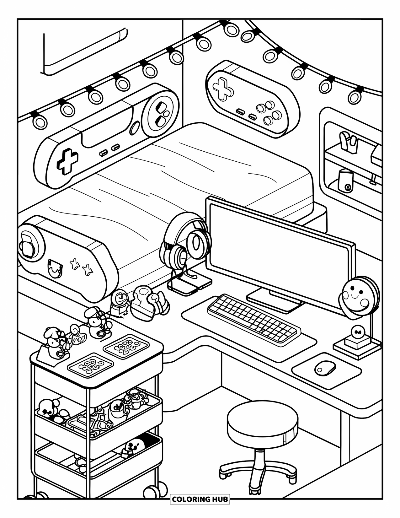 Dream Bedroom Coloring Page for Kids: A shelf of console icons and string lights brighten this playful bedroom setup