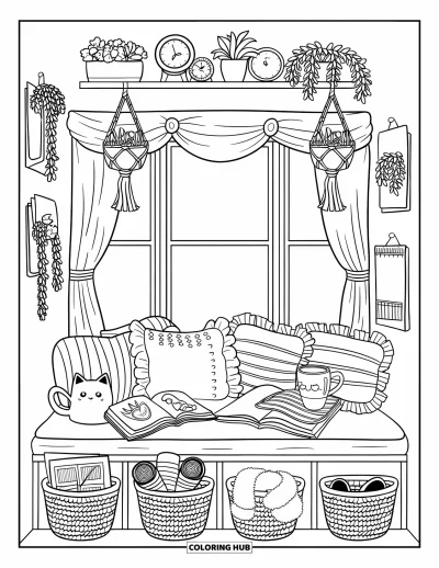 Coloriage de chambre de rêve pour enfants : Un banc moelleux et des rideaux flottants créent un coin lecture douillet près de la fenêtre en baie