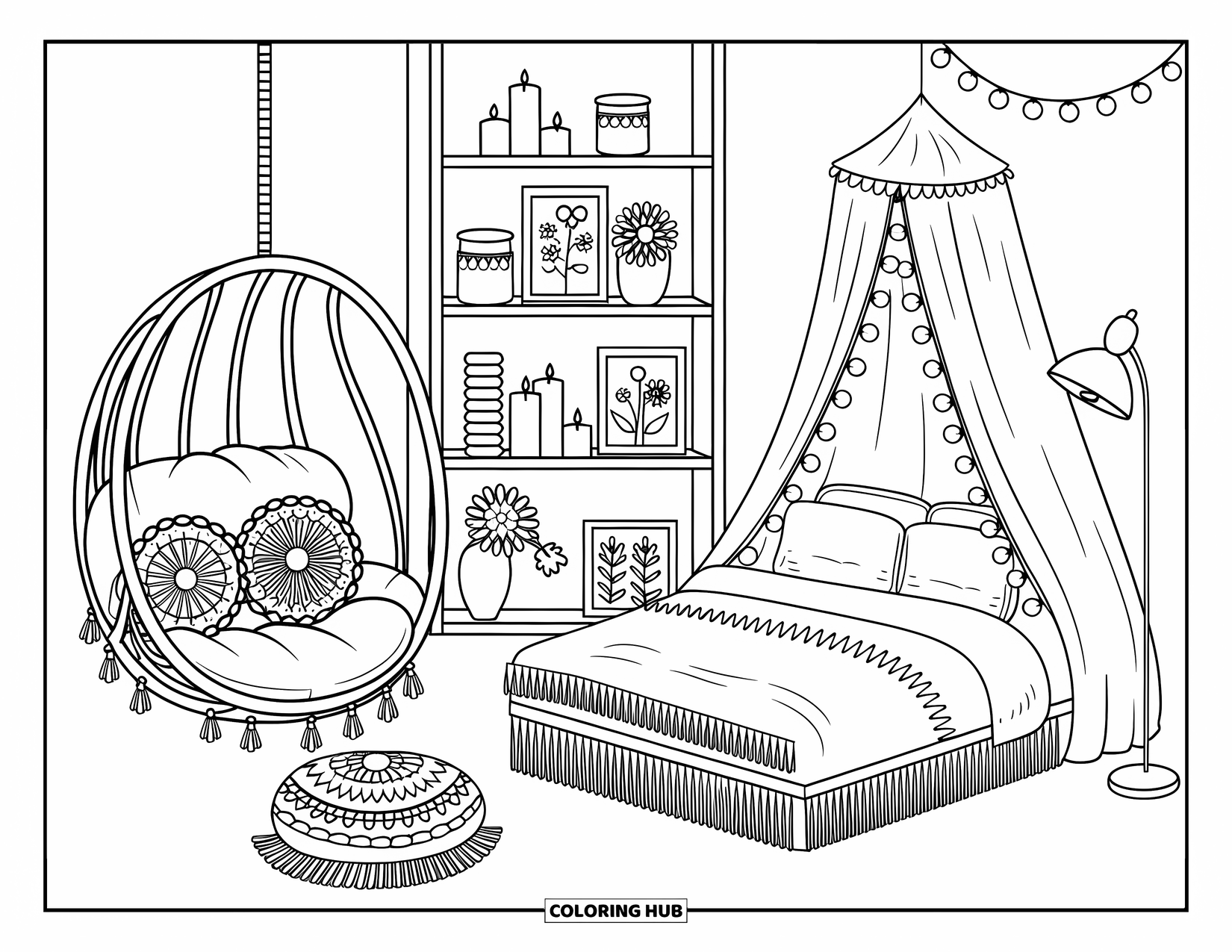 Dream Bedroom Coloring Page for Kids: A soft canopy bed and cozy bookcase fill this charming bohemian space