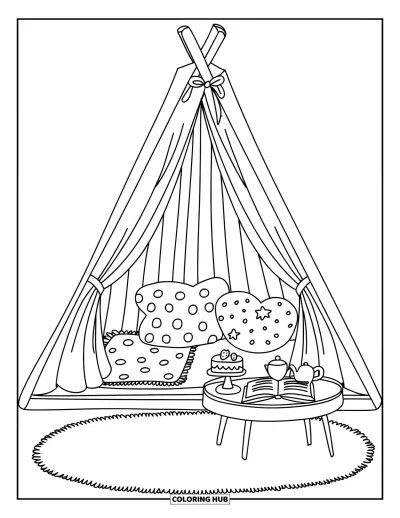 Coloriage de chambre de rêve pour enfants : Un tapis moelleux et une petite table de friandises complètent ce charmant coin tente