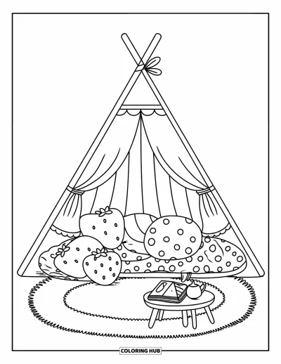 Coloriage de chambre de rêve pour enfants : Une tente rayée avec un gâteau et des coussins invite aux histoires et aux doux rêves