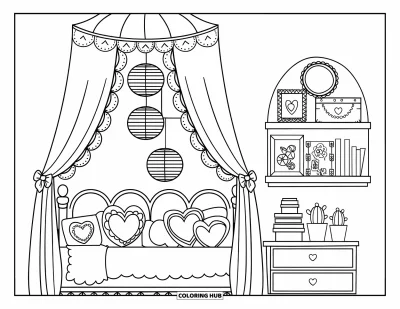 Coloriage de chambre de rêve pour enfants : Un grand lit avec des coussins moelleux et des lanternes lumineuses rend cette chambre magique