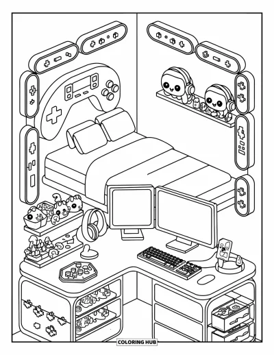 Coloriage de chambre de rêve pour enfants : Une chambre high-tech avec des étagères de consoles, des lumières LED et des peluches mascotte fun et moderne