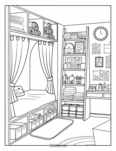 Coloriage de chambre de rêve pour enfants : Un lit bien bordé et un bureau soigné se trouvent à côté de grandes étagères et de petites niches douillettes
