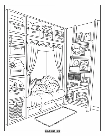 Coloriage de chambre de rêve pour enfants : Un lit en alcôve, un tapis doux et des rangements encastrés rendent cette petite chambre très bien organisée
