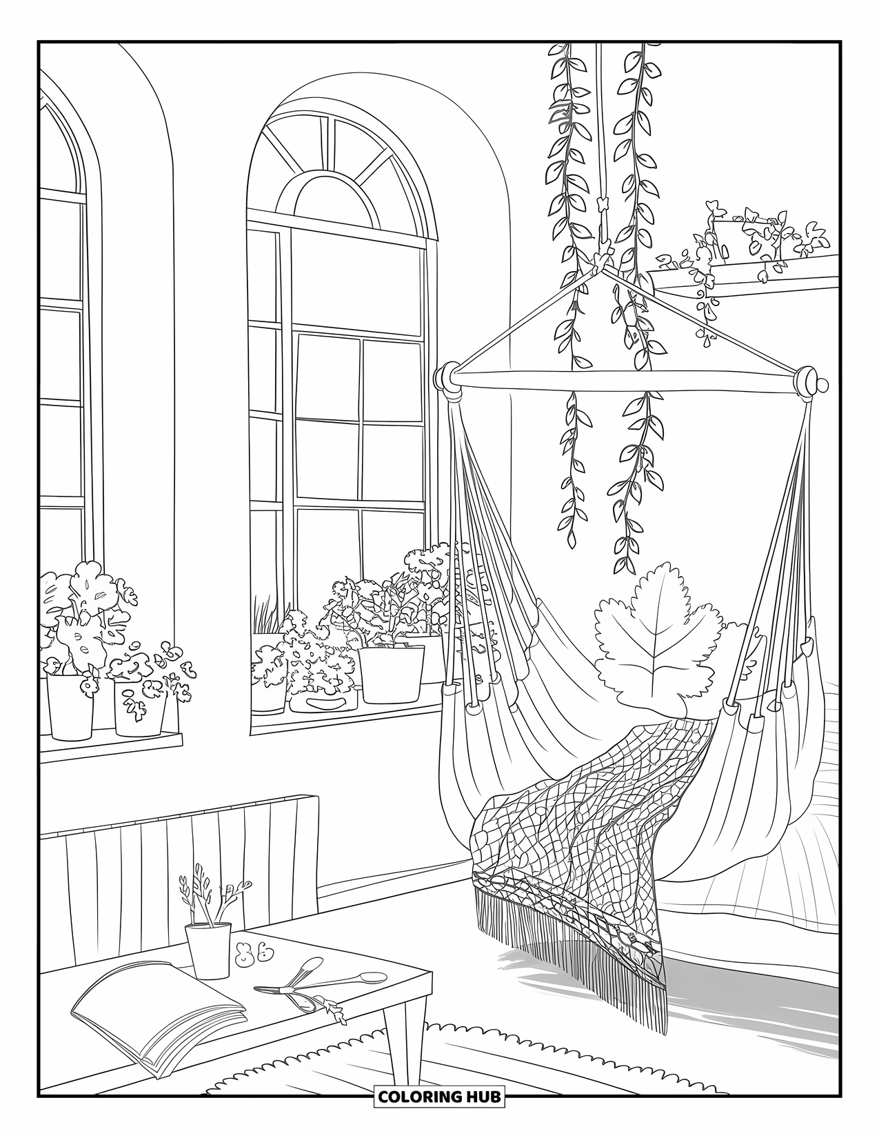 Dream Bedroom Coloring Page for Kids: Arched windows and potted plants fill this sunny bedroom with warmth and life