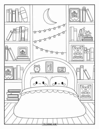 Coloriage de chambre de rêve pour enfants : Des livres, des contes de fées et une lampe en croissant de lune garnissent ce coin dodo tout doux