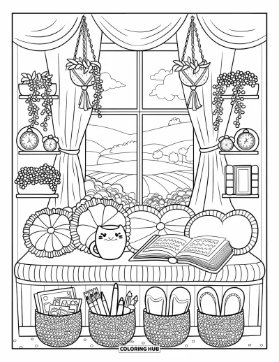 Coloriage de chambre de rêve pour enfants : Des livres, des chaussons et des guirlandes de lierre décorent ce charmant coin fenêtre