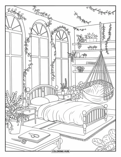 Coloriage de chambre de rêve pour enfants : De grandes fenêtres, un hamac et un coussin végétal font de cette chambre un vrai paradis
