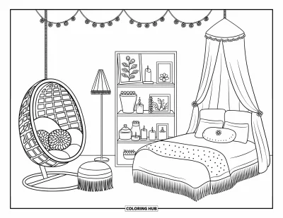 Coloriage de chambre de rêve pour enfants : Des coussins, des pompons et un fauteuil confortable créent une chambre bohème pleine de charme
