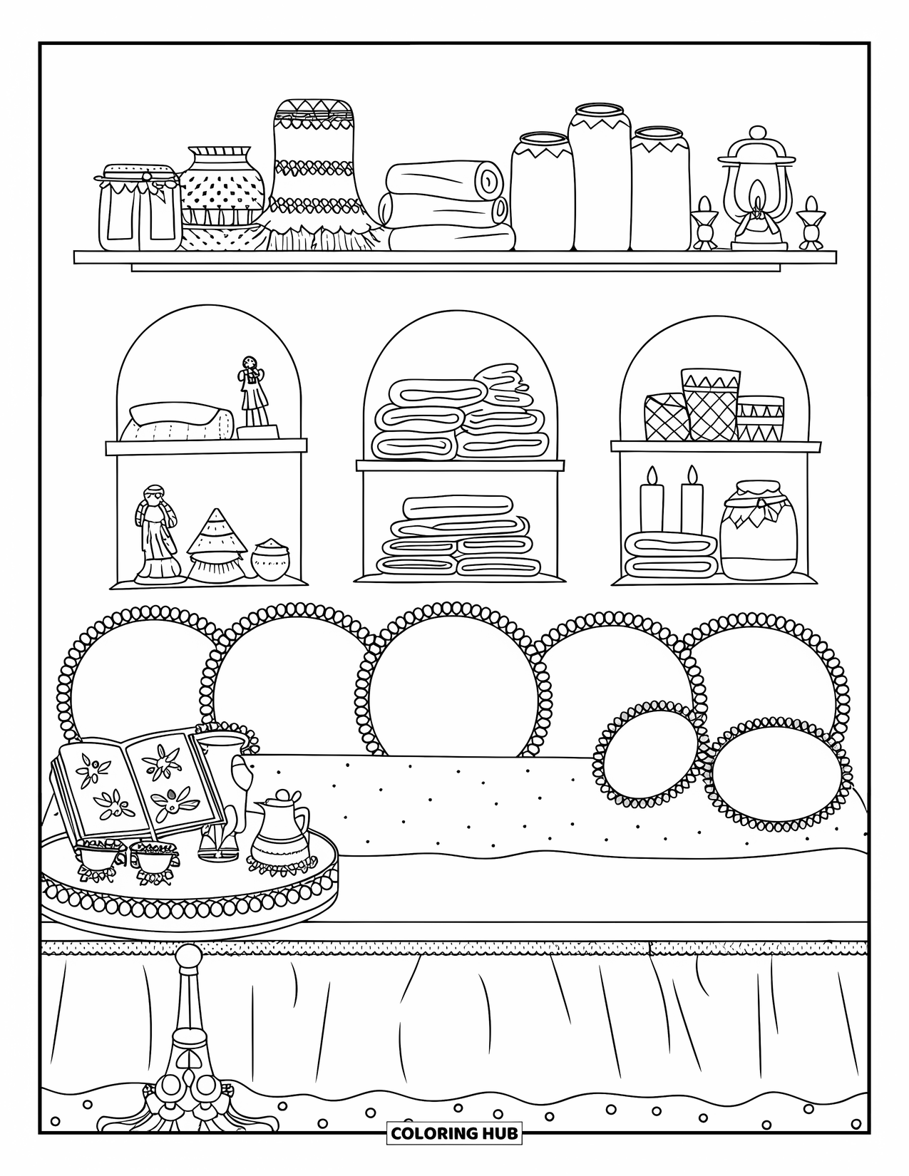 Dream Bedroom Coloring Page for Kids: Daybed and planner table sit beneath rolled tapestries and a mini candle lantern