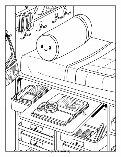 Coloriage de chambre de rêve pour enfants : Des journaux, des rubans et des stylos pastel garnissent cette chambre gaie avec un lit surélevé