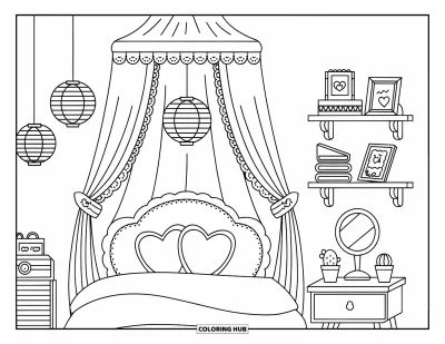 Coloriage de chambre de rêve pour enfants : Des rideaux en dentelle et des couvertures festonnées font de ce lit à baldaquin le coin sommeil le plus douillet