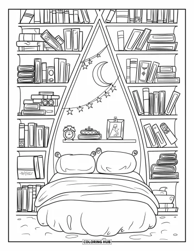 Coloriage de chambre de rêve pour enfants : Des étoiles en papier et des livres de contes garnissent cette bibliothèque de chambre bien au chaud