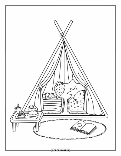 Coloriage de chambre de rêve pour enfants : Des coussins et un livre d'histoires attendent à l'intérieur de cette tente rayée bien installée