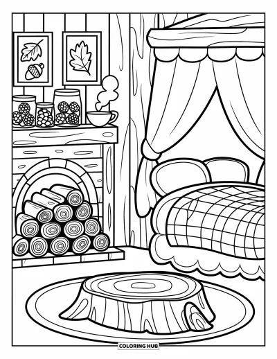 Coloriage de chambre de rêve pour enfants : Des murs rustiques, une literie douillette et des croquis de nature donnent à cette chambre une ambiance chalet
