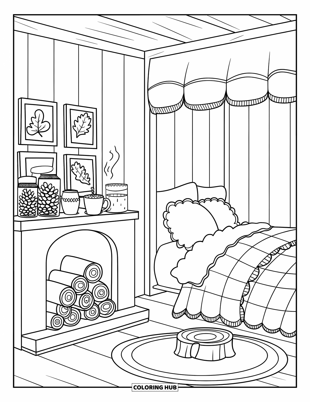 Dream Bedroom Coloring Page for Kids: Stacked logs and a tree stump rug create cozy warmth in this rustic nook
