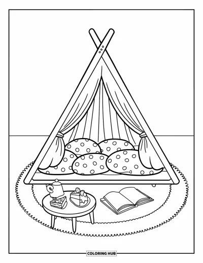 Coloriage de chambre de rêve pour enfants : Des coussins en forme de fraises et une théière se trouvent à côté d'une tente rayée bien au chaud