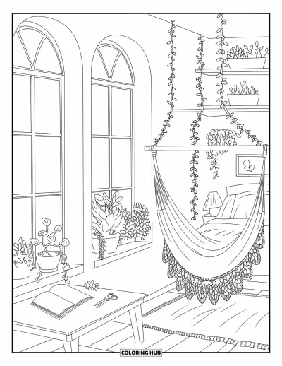 Coloriage de chambre de rêve pour enfants : La lumière du soleil inonde cette chambre avec un lit, un hamac et des rebords de fenêtre couverts de plantes