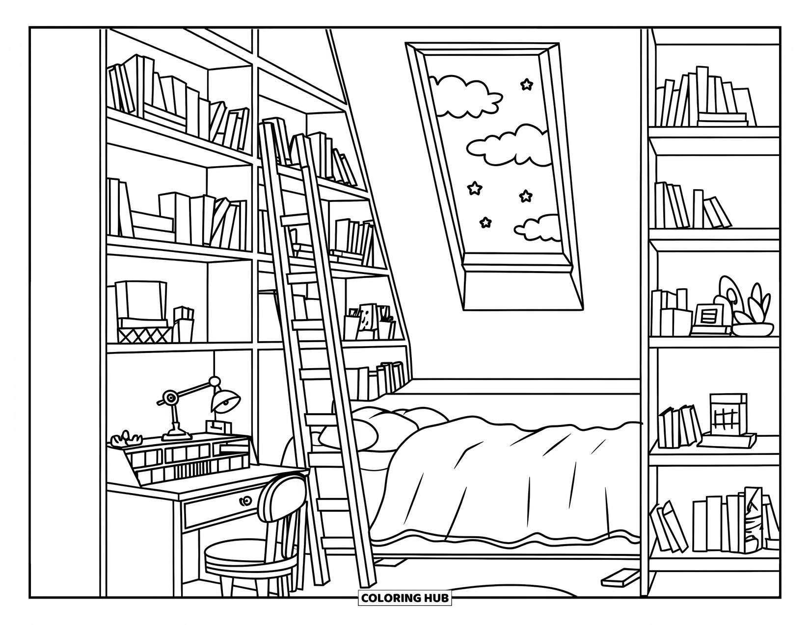 Dream Bedroom Coloring Page for Kids: Tall bookshelves, a skylight, and a cozy desk make this dreamy bedroom shine