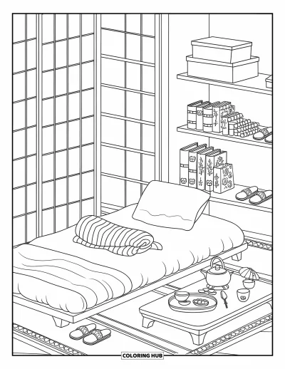 Coloriage de chambre de rêve pour enfants : Des tatamis et des cloisons coulissantes entourent un futon et un coin thé paisible