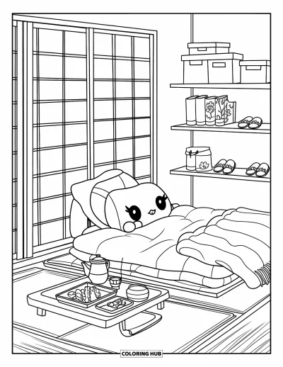 Coloriage de chambre de rêve pour enfants : Cette chambre japonaise douillette a un futon, des en-cas et des livres de nature bien empilés