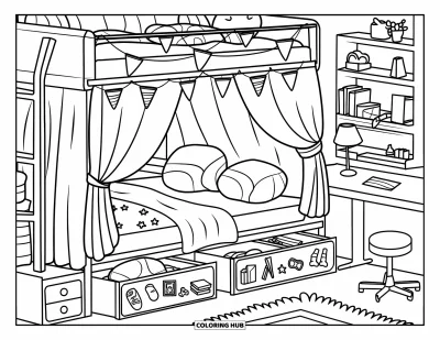 Coloriage de chambre de rêve pour enfants : Cette jolie chambre a un lit superposé, un petit bureau et des tiroirs étiquetés pour les jouets