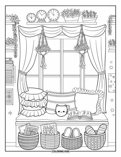 Coloriage de chambre de rêve pour enfants : Ce coin fenêtre ensoleillé a des coussins doux, de jolies tasses et de petits paniers bien rangés