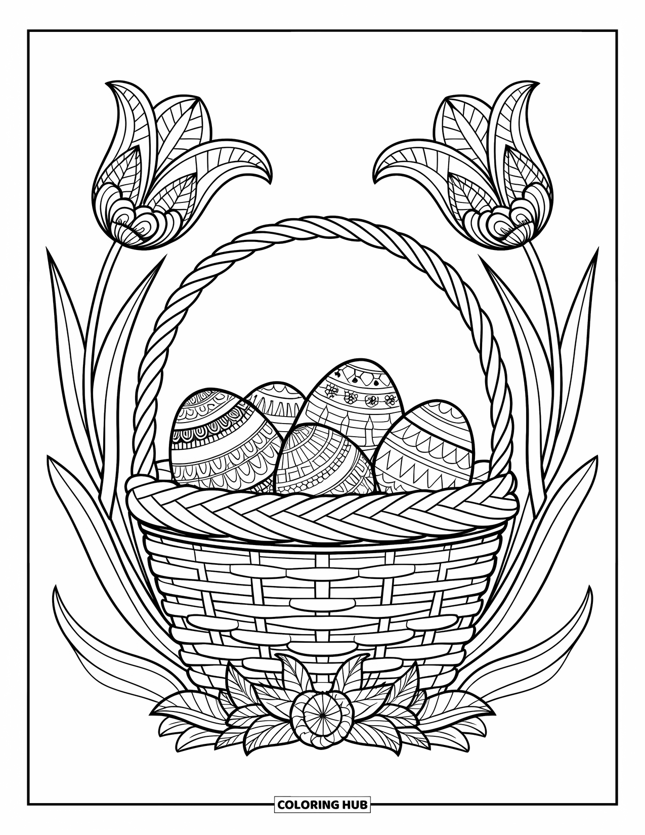 Easter Basket Coloring Page for Adults: A braided basket of filigree eggs is framed by mandala tulips