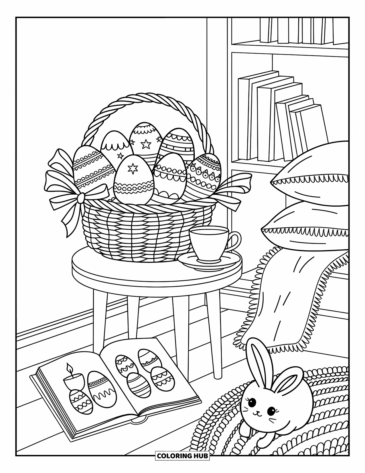 Easter Basket Coloring Page for Adults: A corner table holds a basket of eggs beside bookshelves, tea, and a candle