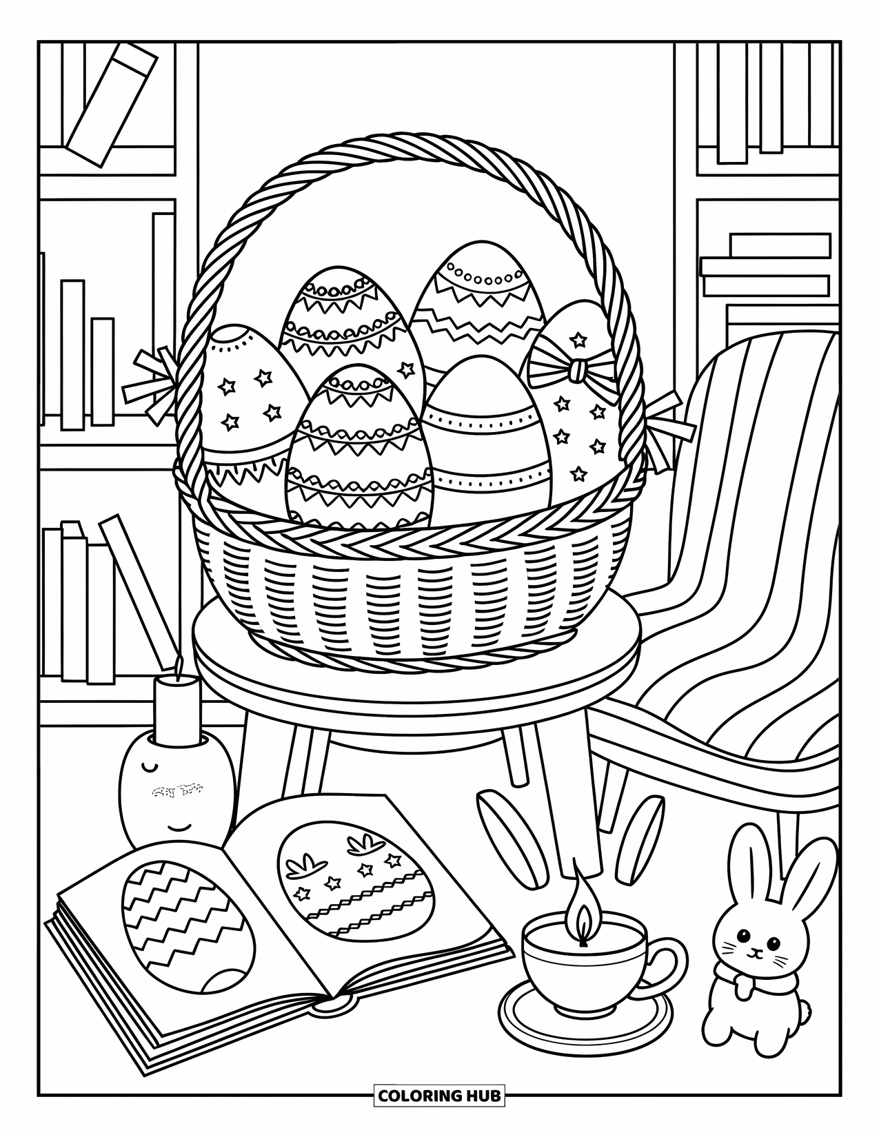 Easter Basket Coloring Page for Adults: A cozy nook shows a basket of eggs with a storybook, tea, and a blanket