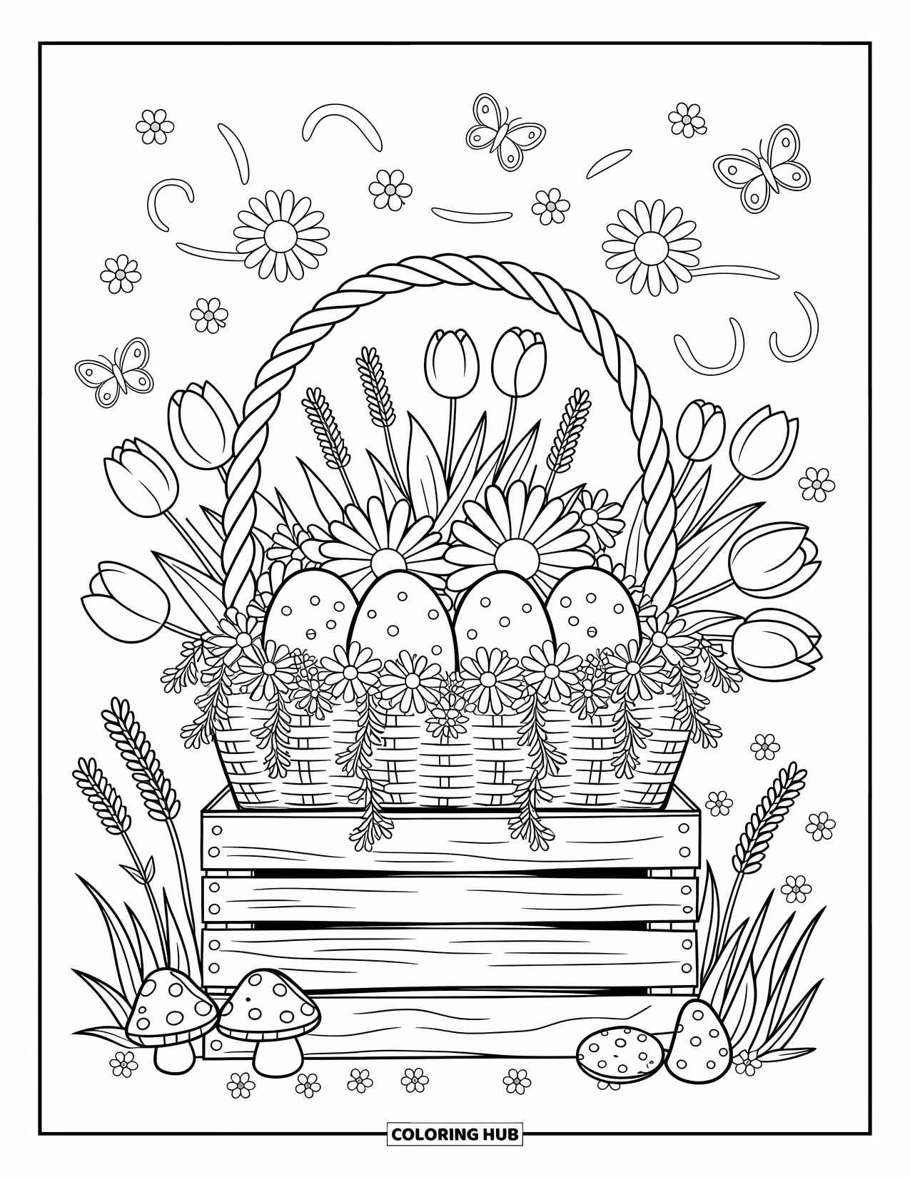 Easter Basket Coloring Page for Adults: A crate with a basket of eggs is surrounded by flowers, ladybugs, and butterflies