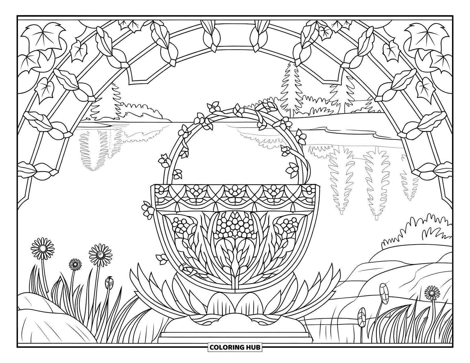 Easter Basket Coloring Page for Adults: A floral basket framed by stained glass rests near a lake with rocks and flowers