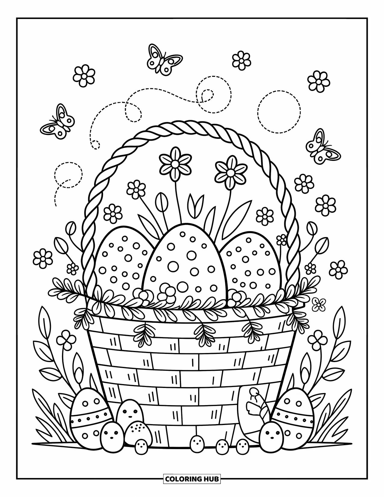Easter Basket Coloring Page for Adults: A floral garden scene shows a basket of eggs on a crate with ladybugs nearby
