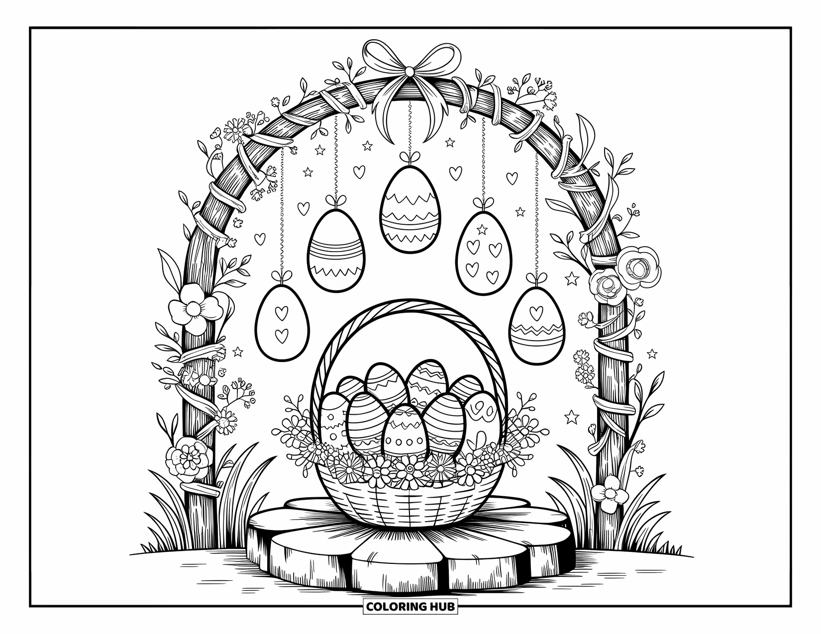 Easter Basket Coloring Page for Adults: A garden arch with flowers and ribbons frames a basket of spiral-patterned eggs