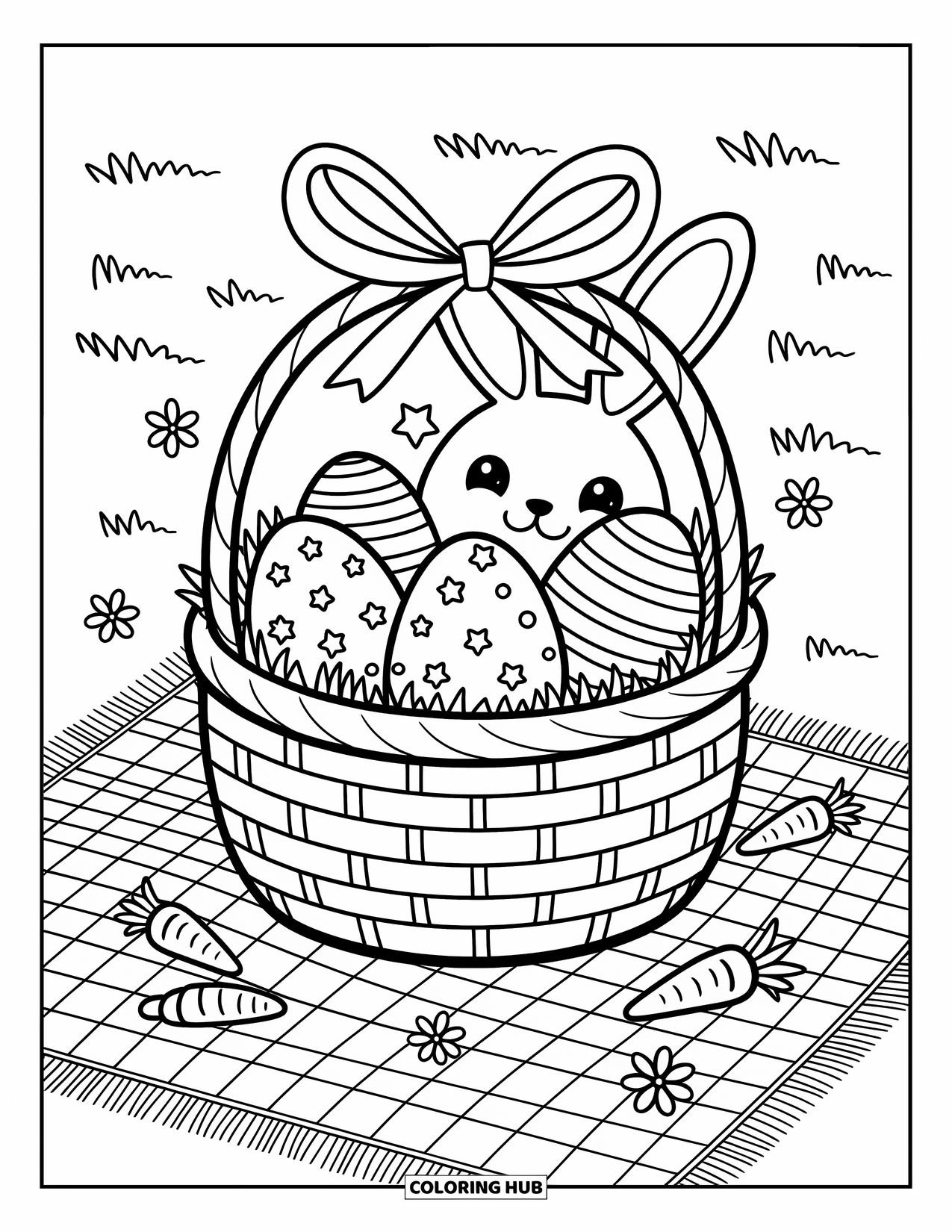 Easter Basket Coloring Page for Adults: A gingham blanket holds a basket of eggs with bunny ears peeking playfully behind
