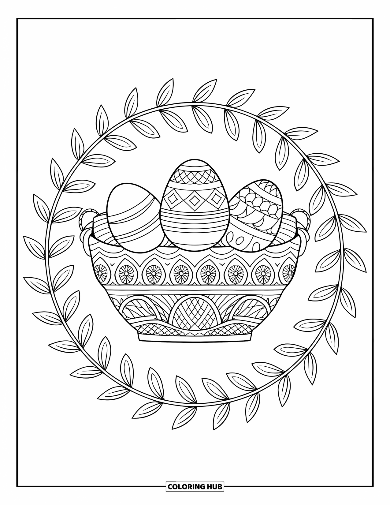 Easter Basket Coloring Page for Adults: A lace-detailed basket of eggs is encircled by leafy mandala spirals