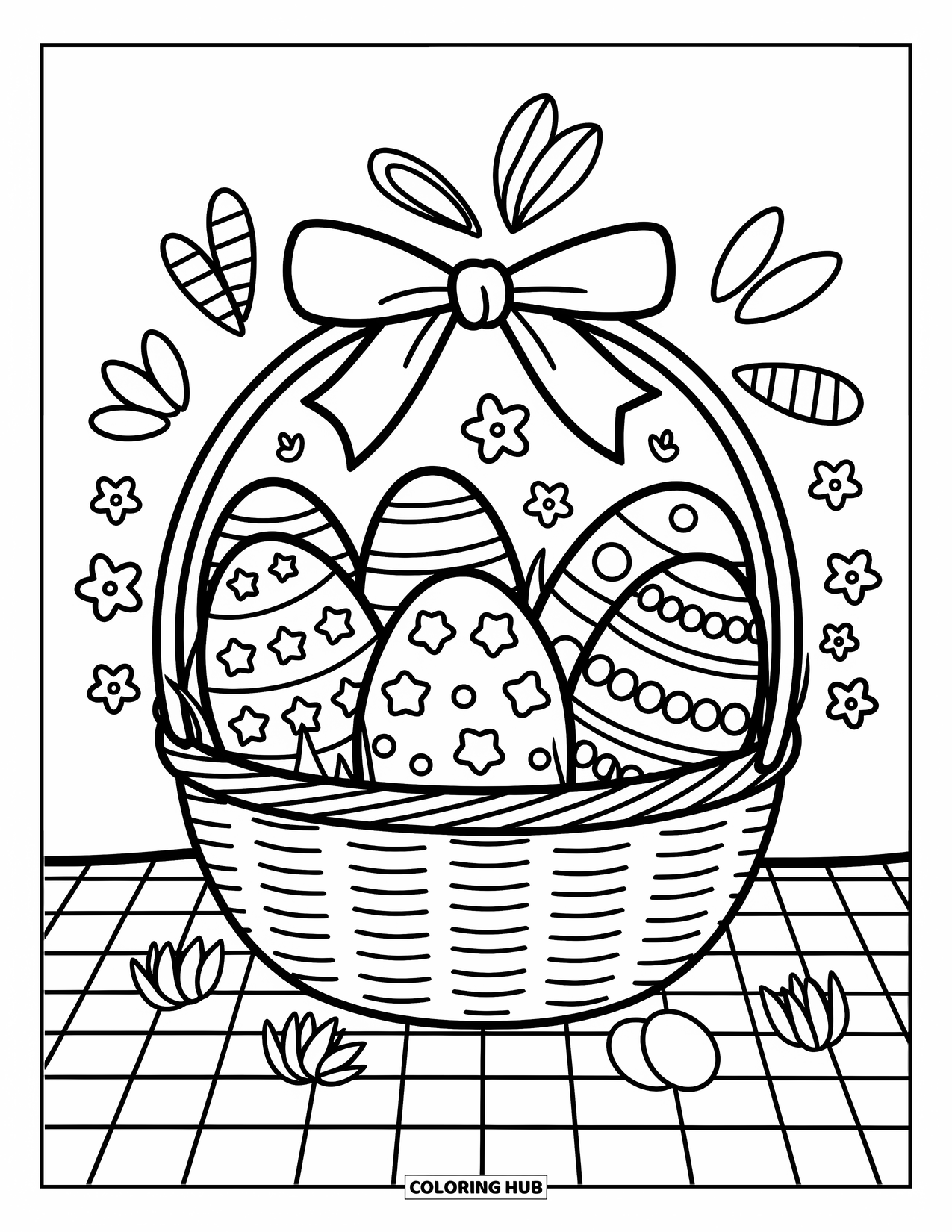 Easter Basket Coloring Page for Adults: A picnic basket of patterned eggs rests on a blanket with carrots and petals