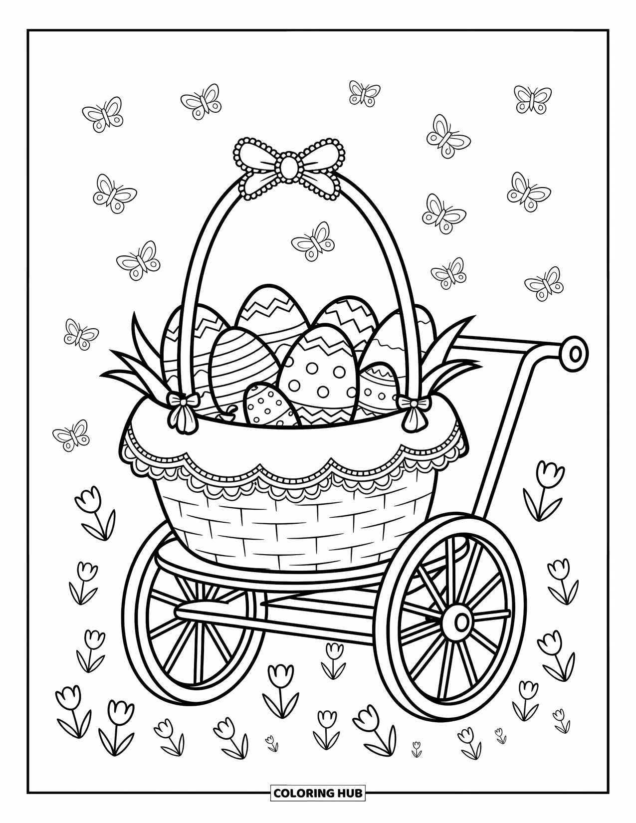 Easter Basket Coloring Page for Adults: A pushcart decorated with lace carries a basket of eggs and tiny candies