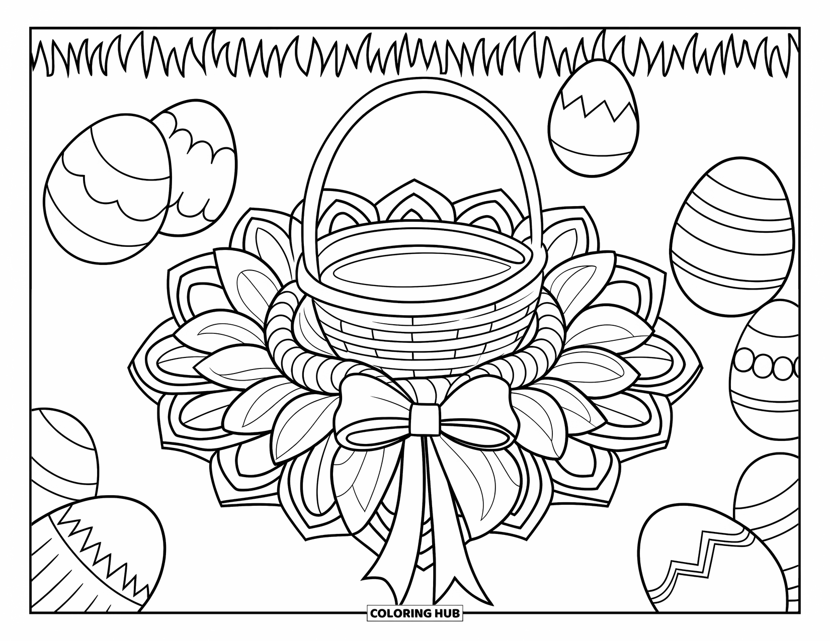 Easter Basket Coloring Page for Adults: A ribbon-tied basket rests on a mandala wreath with scattered Easter eggs