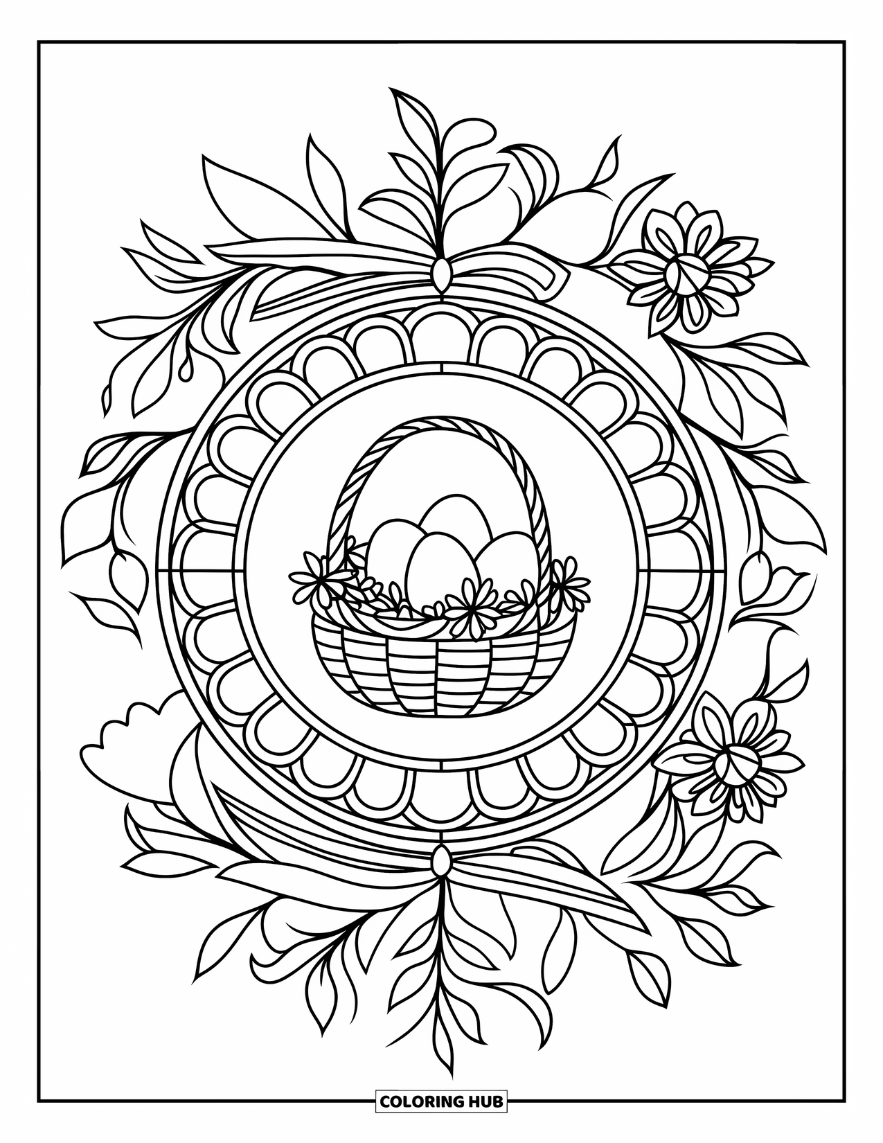 Easter Basket Coloring Page for Adults: A stained glass rose window frames a basket of eggs with leaves and flowers