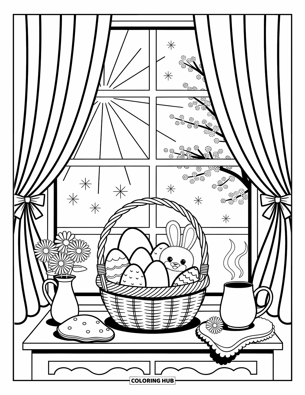 Easter Basket Coloring Page for Adults: A sunny windowsill displays a basket of eggs, plush toys, flowers, and a steaming mug