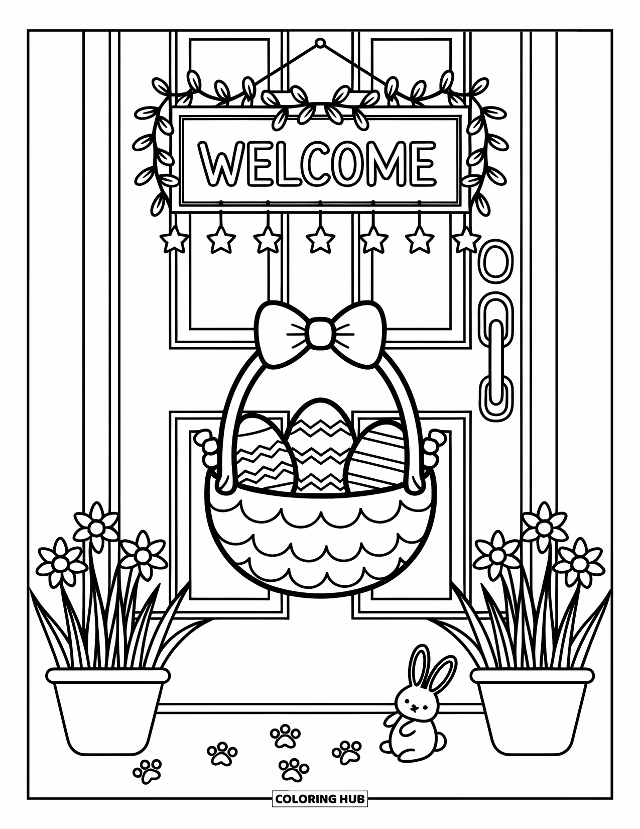 Easter Basket Coloring Page for Adults: A tilted Easter basket with a bow hangs by a door with flowers and paw prints