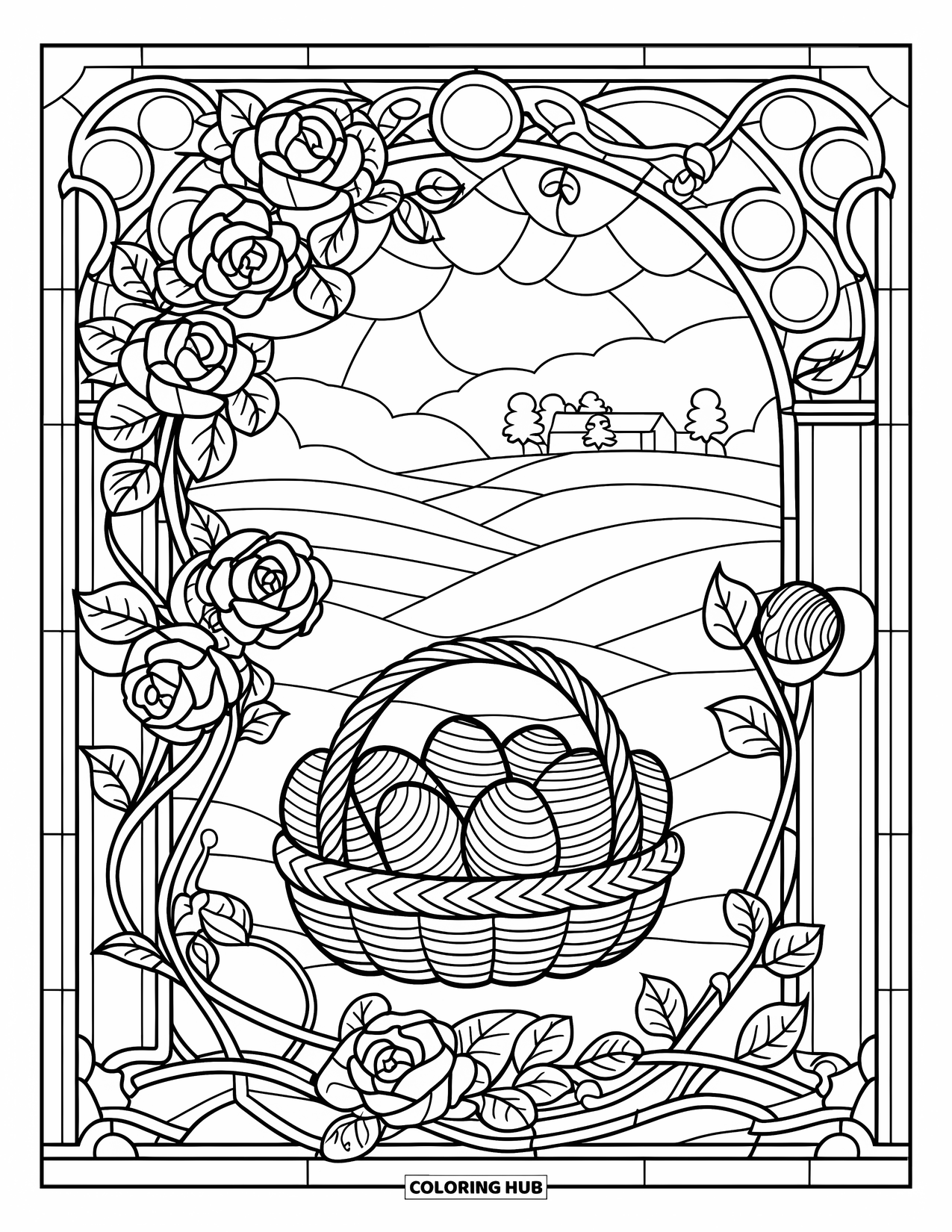 Easter Basket Coloring Page for Adults: A vine-framed stained glass window surrounds a basket of swirl-decorated eggs