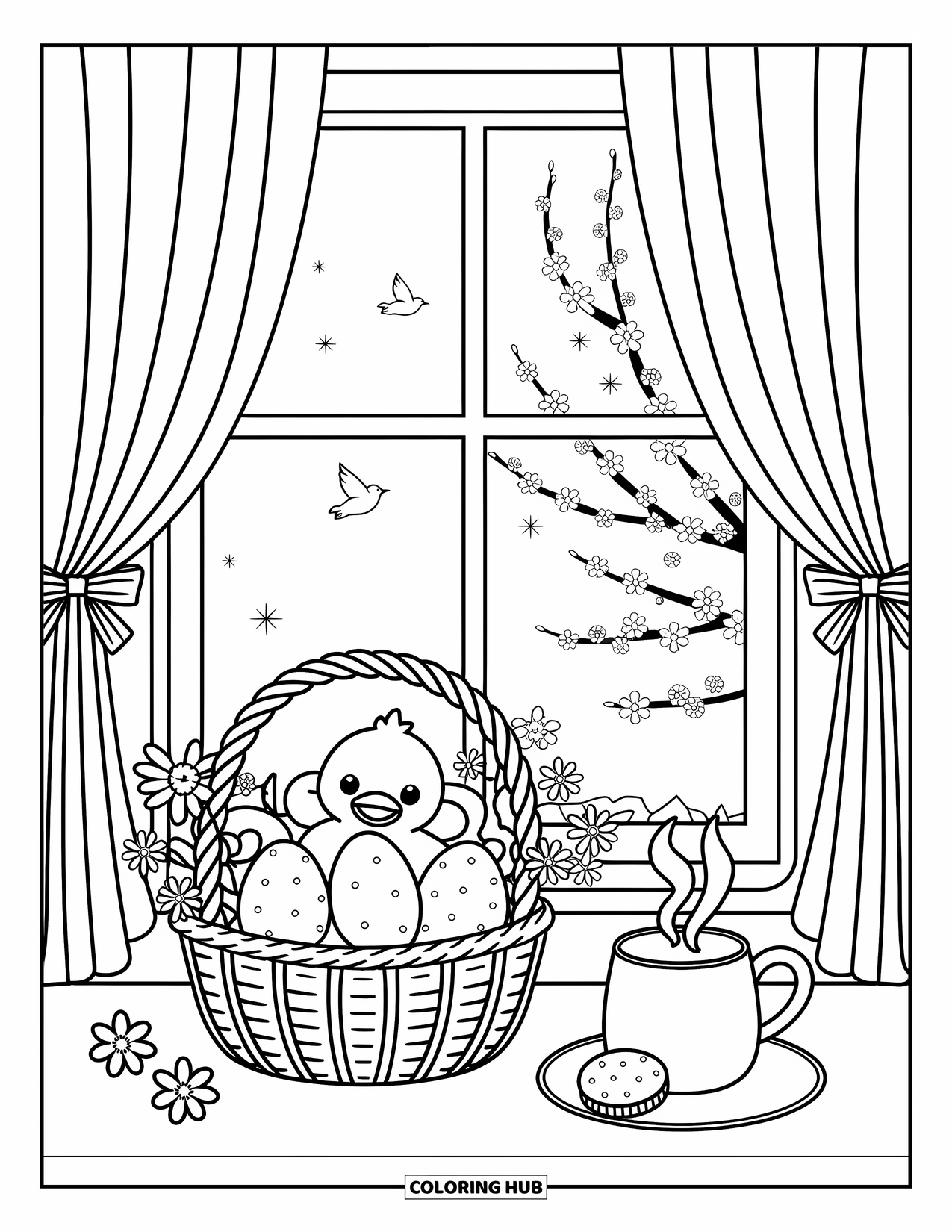 Easter Basket Coloring Page for Adults: A windowsill basket of eggs and plush toys sits beside curtains and a warm garden view