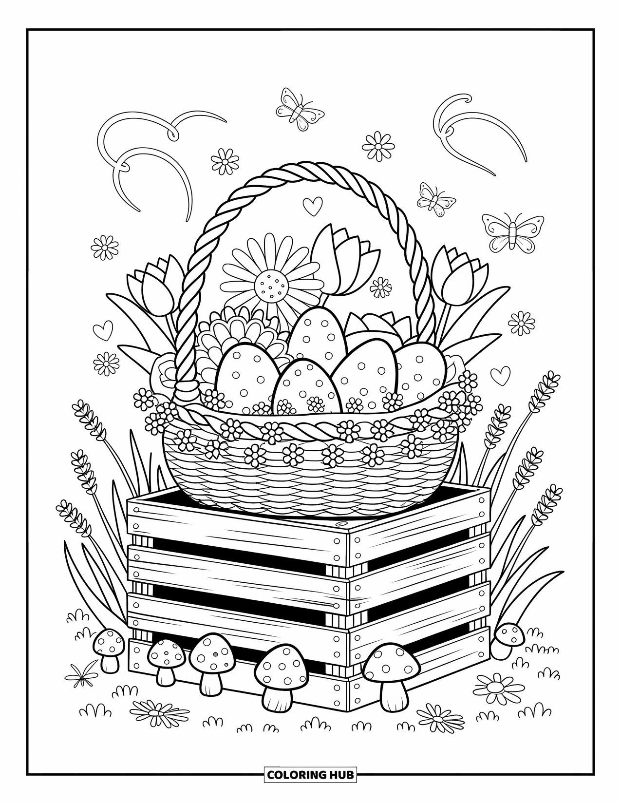 Easter Basket Coloring Page for Adults: A wooden crate holds a basket of speckled eggs among mushrooms and butterflies