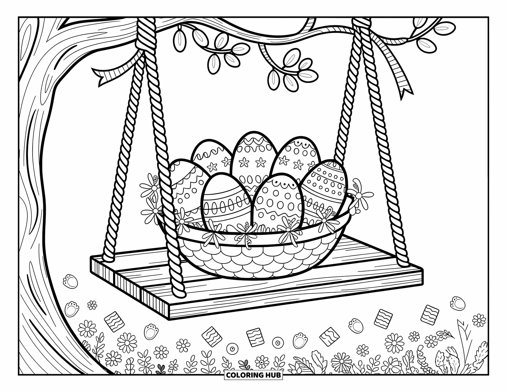 Easter Basket Coloring Page for Adults: A wooden swing with ribbons carries an Easter basket filled with decorated eggs