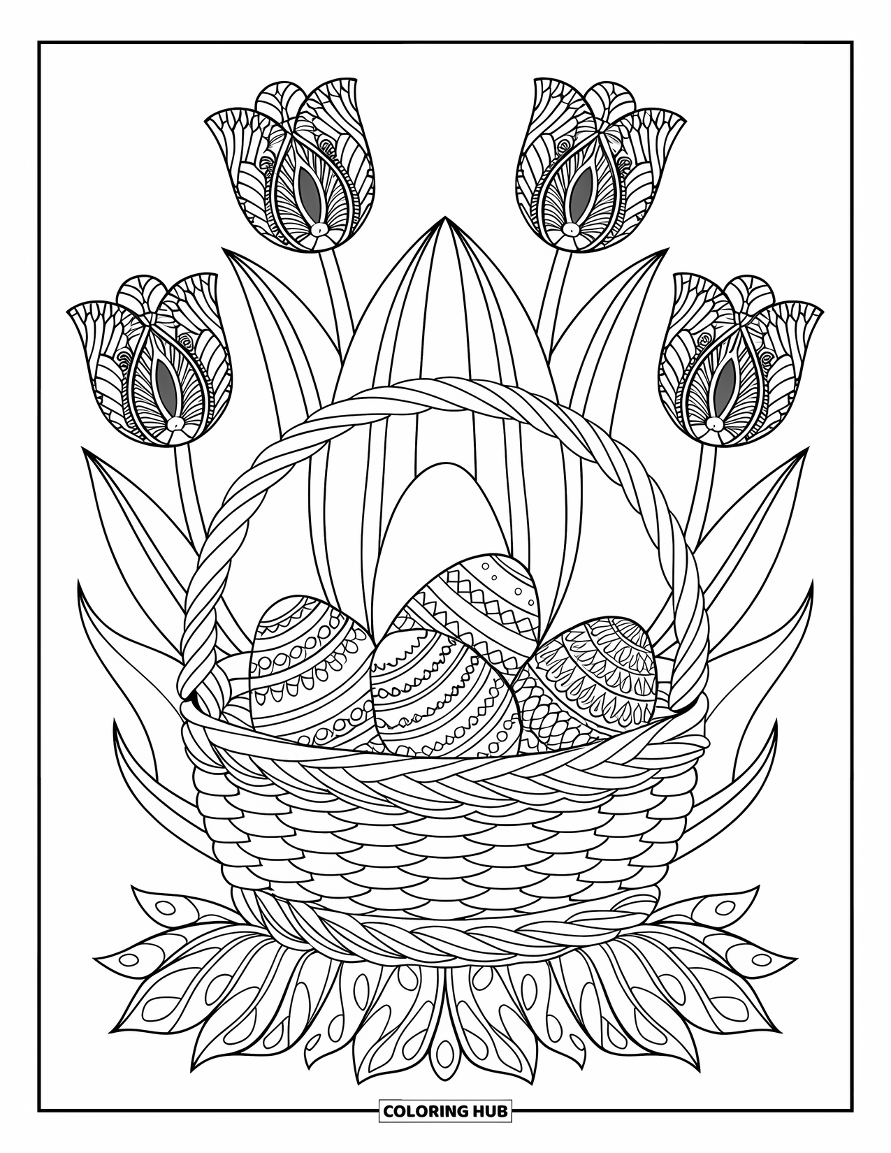 Easter Basket Coloring Page for Adults: A woven basket of filigree eggs rests on leaves with tulips around it