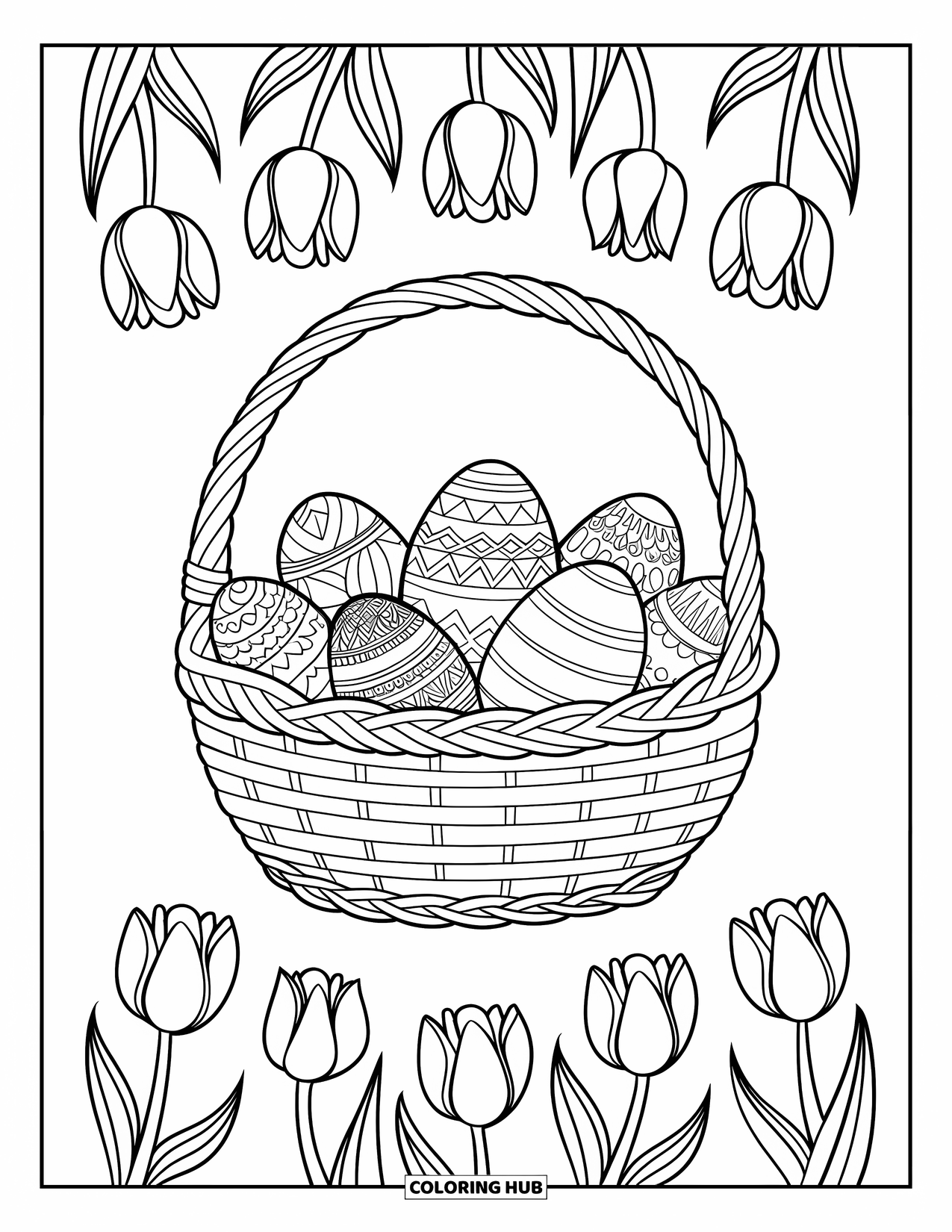 Easter Basket Coloring Page for Adults: A woven basket of filigree eggs sits among botanical mandala tulips