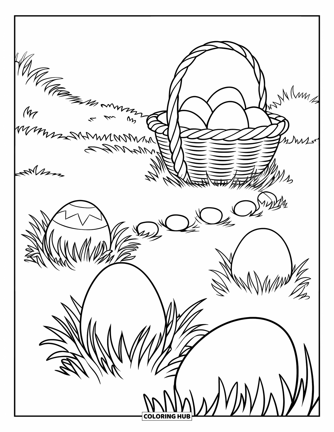 Easter Basket Coloring Page for Kids: A basket filled with eggs sits on a grassy trail with hidden eggs nearby